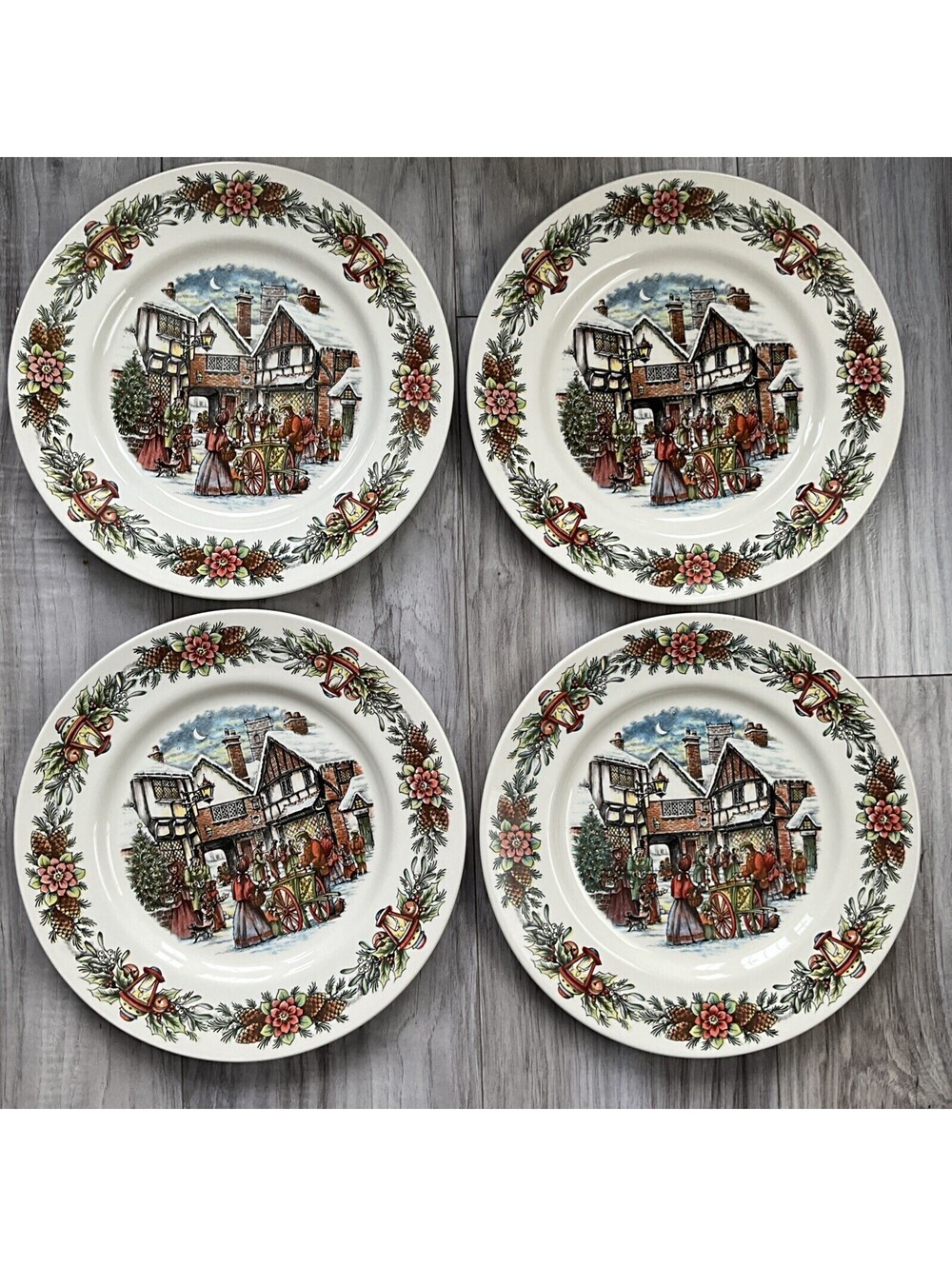 Royal Stafford Hot Chestnut Seller Christmas Dinner Plates Set of 4 NEW